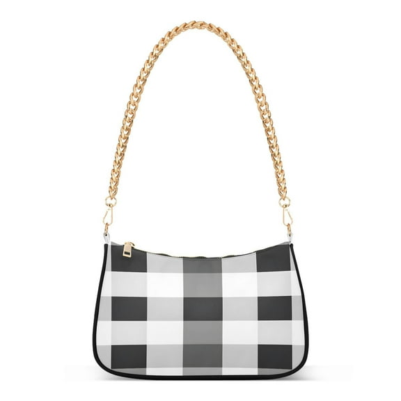 Ryvnso Black Grey White Checkered Pattern Womens Chain Shoulder Bag Tote Handbags Clutch Hobo Purse with Zipper for Travel