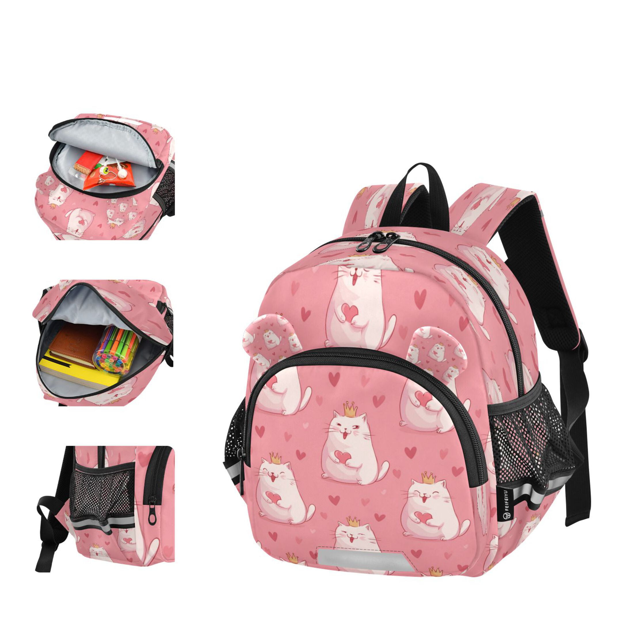 RMDQTR Adorable Ear-Print Backpack with Reflective Strip and Anti-Lost Leash Adjustable Shoulder Straps Mini Travel Backpack White Fat Cat
