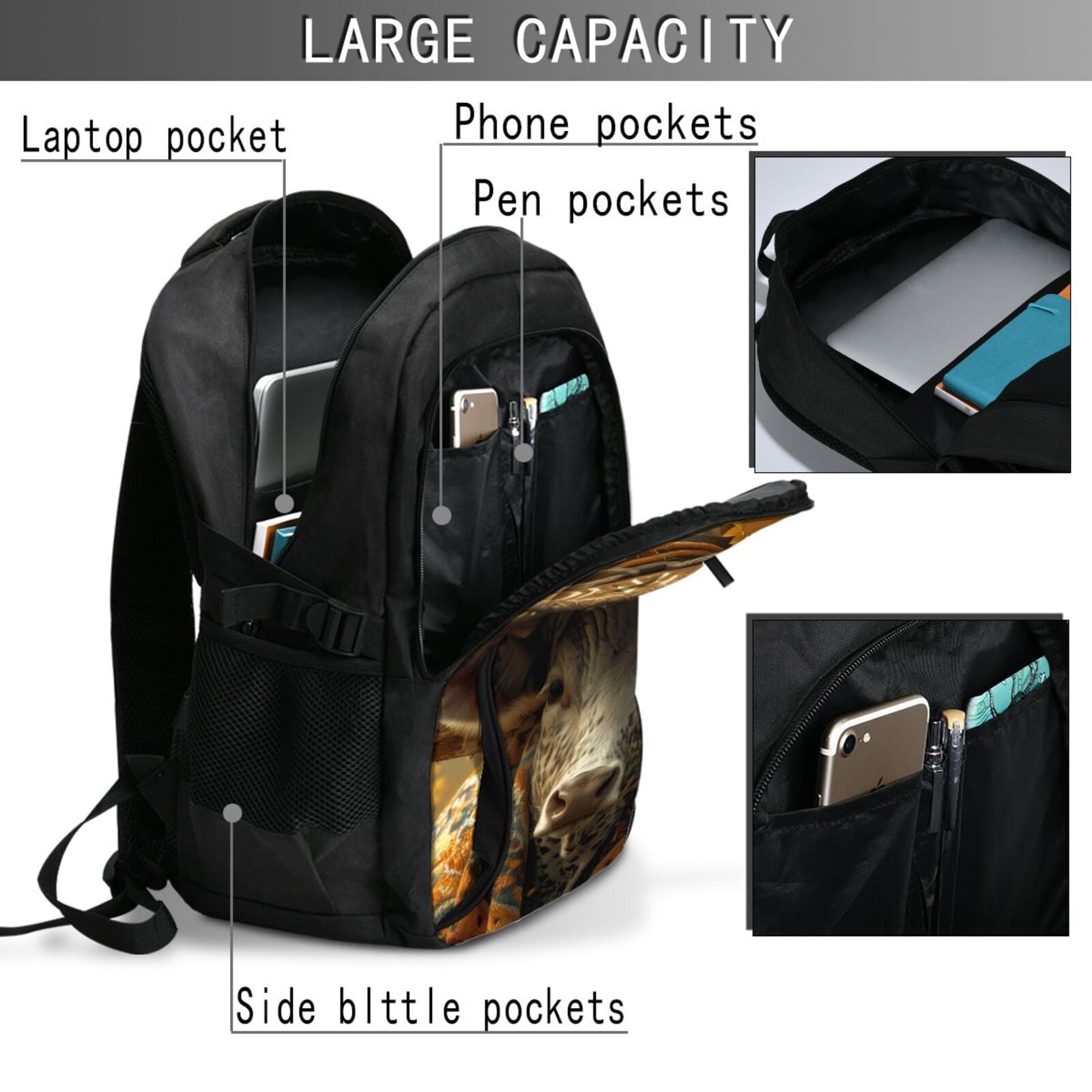 Vsdgher Sunflower Cowboy Hat Cow Print Travel Laptop Backpack, Laptops Backpack with USB Charging Port, Water Resistant Computer Bag Gift for Men & Women
