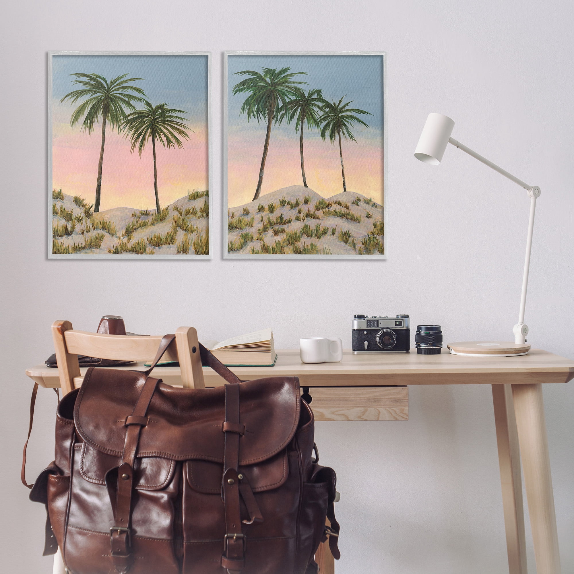 Stupell Industries Sunrise Tropical Scene Landscape Painting Gray Framed Art Print Wall Art, 24 x 30, Set of 2