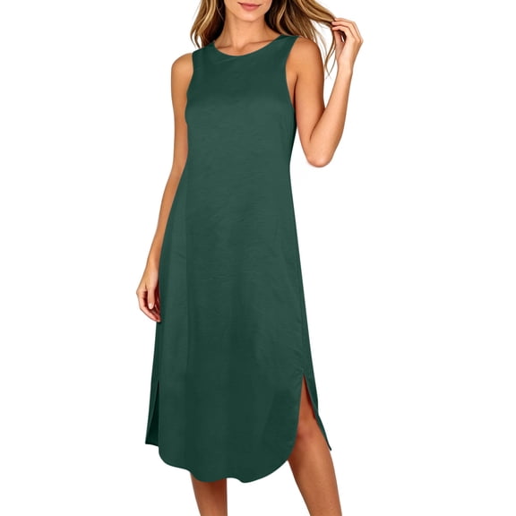 ClodeEU Women's Sleeveless Crew Neck Midi Dress, Solid Color Casual Side Slit Summer Dress Army Green,Women's Plus L