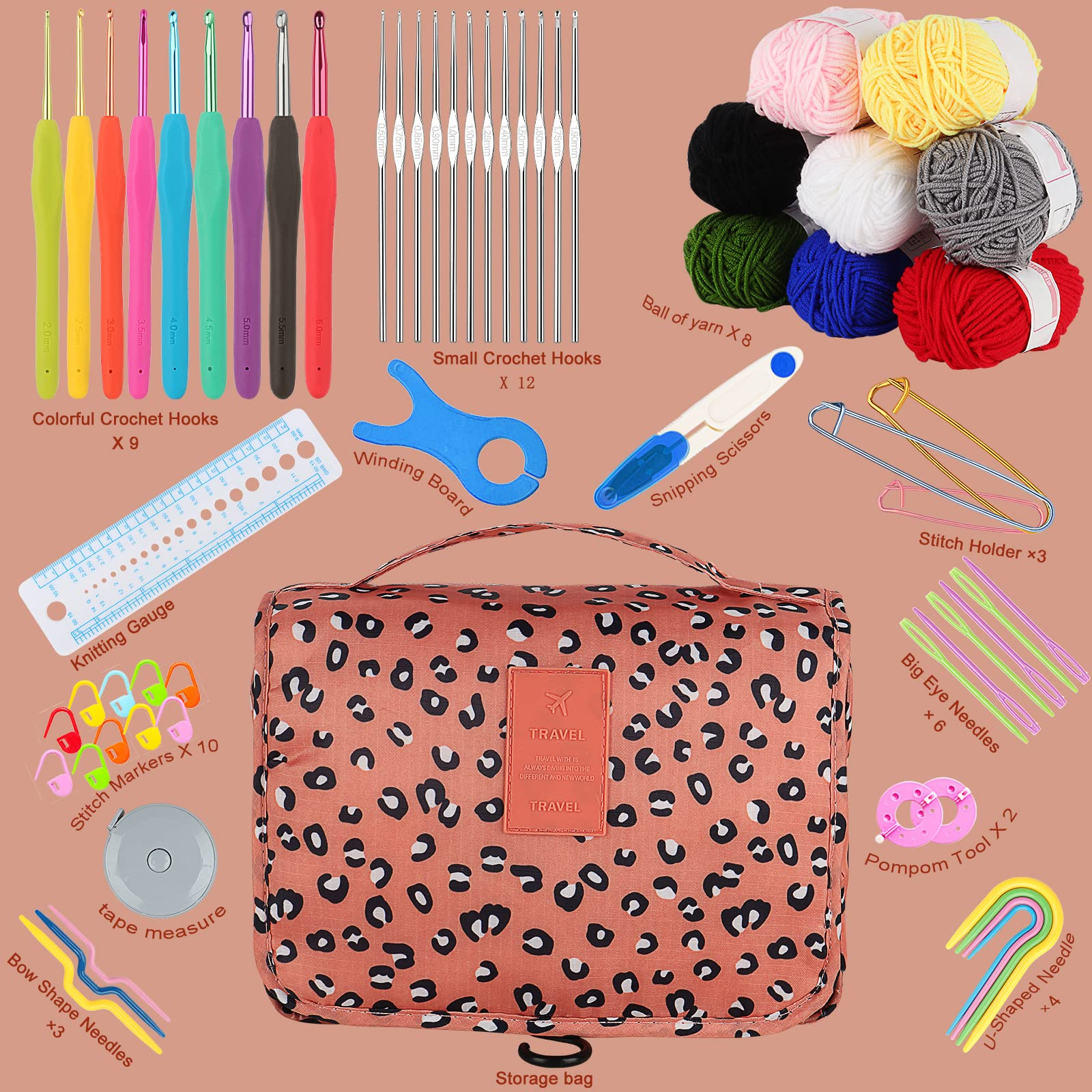  Allnice 127Pcs Crochet Kits with Yarn Set for Beginners Adults  Kids, Crochet Hook Sets 0.6-6.5mm Crochet Needles Yarn Knitting Tool  Accessories with Carry Bag, Beginner Crochet Starter Kit Knitt Gifts