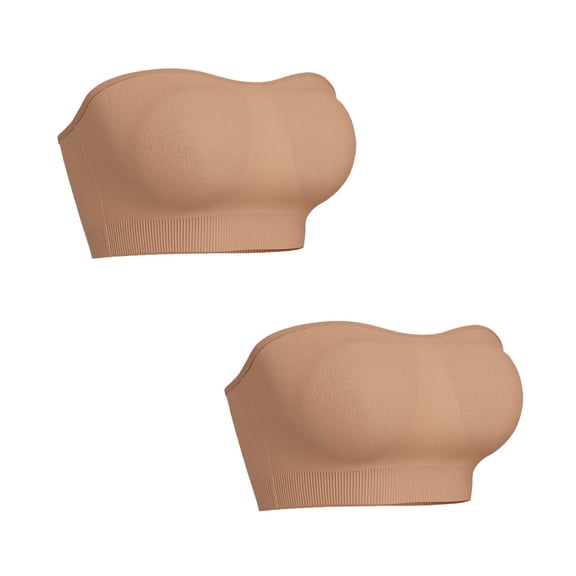 VISALY Women's 2Pack Strapless Bandeau Bralette Summer Strapless Padded Wireless Supportive Seamless Tube Top Bra Anti-Slip Plus Size Seamless Wireless Padded Bra Stretch Sleep Tube Top Beige L