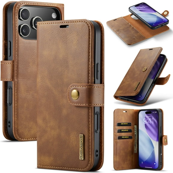 Magnetic Wallet Case for iPhone 17 Pro Max with Card Holder, Detachable Leather Kickstand Case with Card Slots - 6.9 inch (Brown)