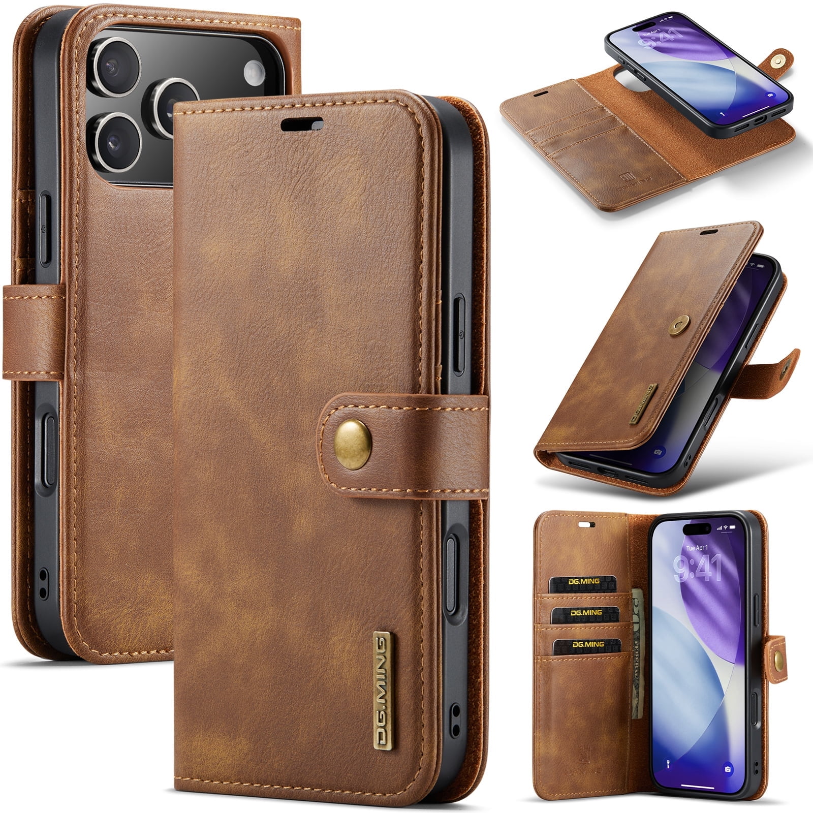 Magnetic Wallet Case for iPhone 17 Pro Max with Card Holder, Detachable Leather Kickstand Case with Card Slots - 6.9 inch (Brown)