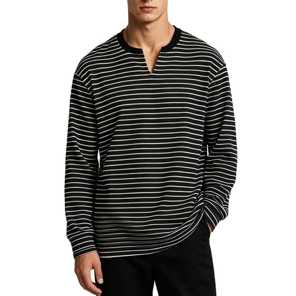 CFLVAEK Striped Sweatshirts for Men Big and Tall Notch V Neck Pullovers Fashion Fall Long Sleeve Sweatshirt Black XXL