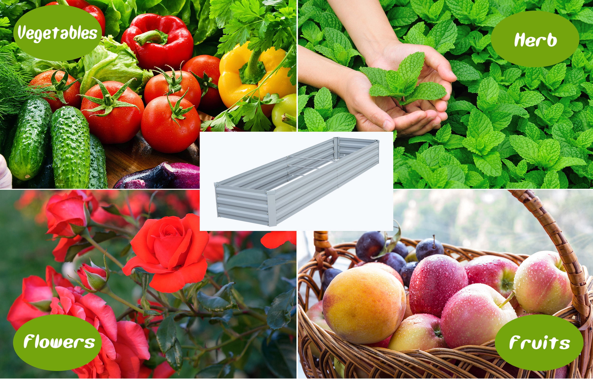 AMOBRO 8x4x1ft Outdoor Metal Raised Garden Bed Planter Box for Vegetables, Flowers, Herbs w/ 3 Tomato Cages Silver