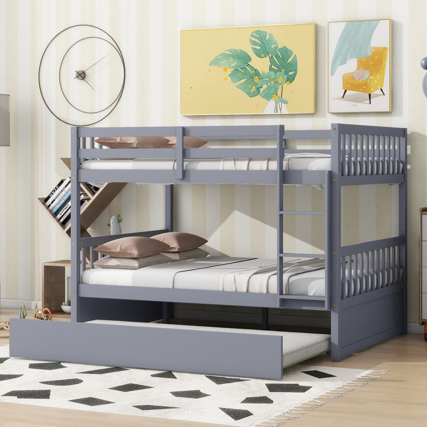 Full Over Full Bunk Bed with Twin Trundle, Convertible Wooden Bunk Bed with Guardrails & Ladder, Detachable into 2 Full Size Beds, Grey