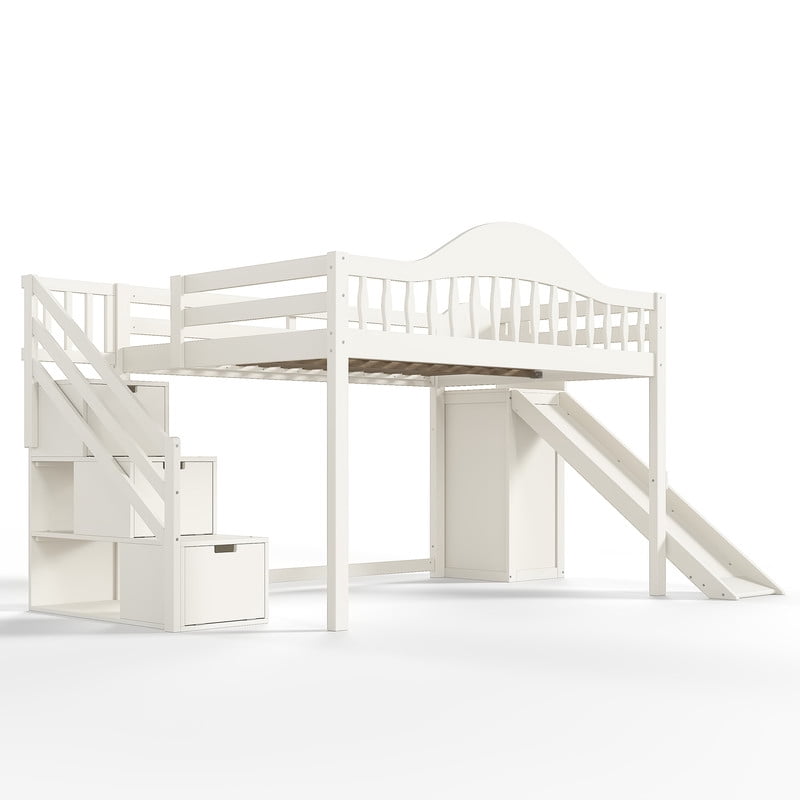 Full Size Kids/Teens Loft Bed with Storage Staircase, Slide & Wardrobe, Princess Bed Frame with Curved Guardrail