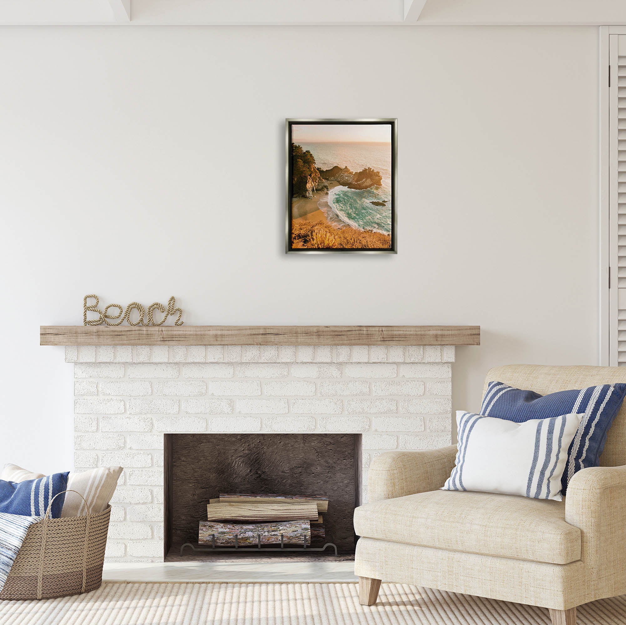 Stupell Industries Waves Crashing Rocky Cove Coastal Photography Gray Floater Framed Art Print Wall Art
