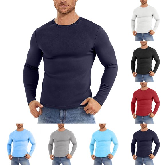 KeShDi Long Sleeve Shirts for Men Thermal Shirts for Men Men's Breathable Elasticity Solid Color Sport Long Sleeves Round Neck Shirt Navy XL