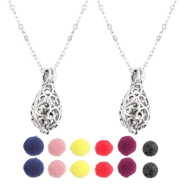 2 juegos de collar difusor de aceites esenciales para mujer, colgante de aroma con bola hueca y piedra volcánica, joyería de aromaterapia portátil para uso diario.