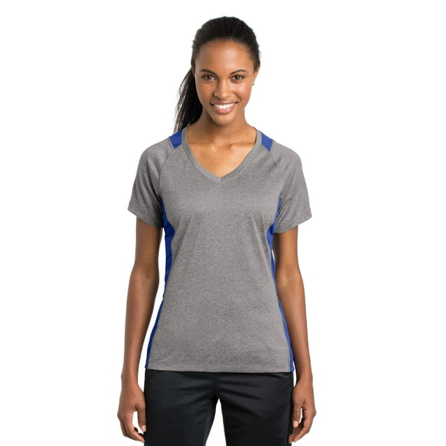 Camiseta Sport-Tek® Ladies Heather Colorblock Contender™ con cuello en V. LST361 deporte-tek LST361