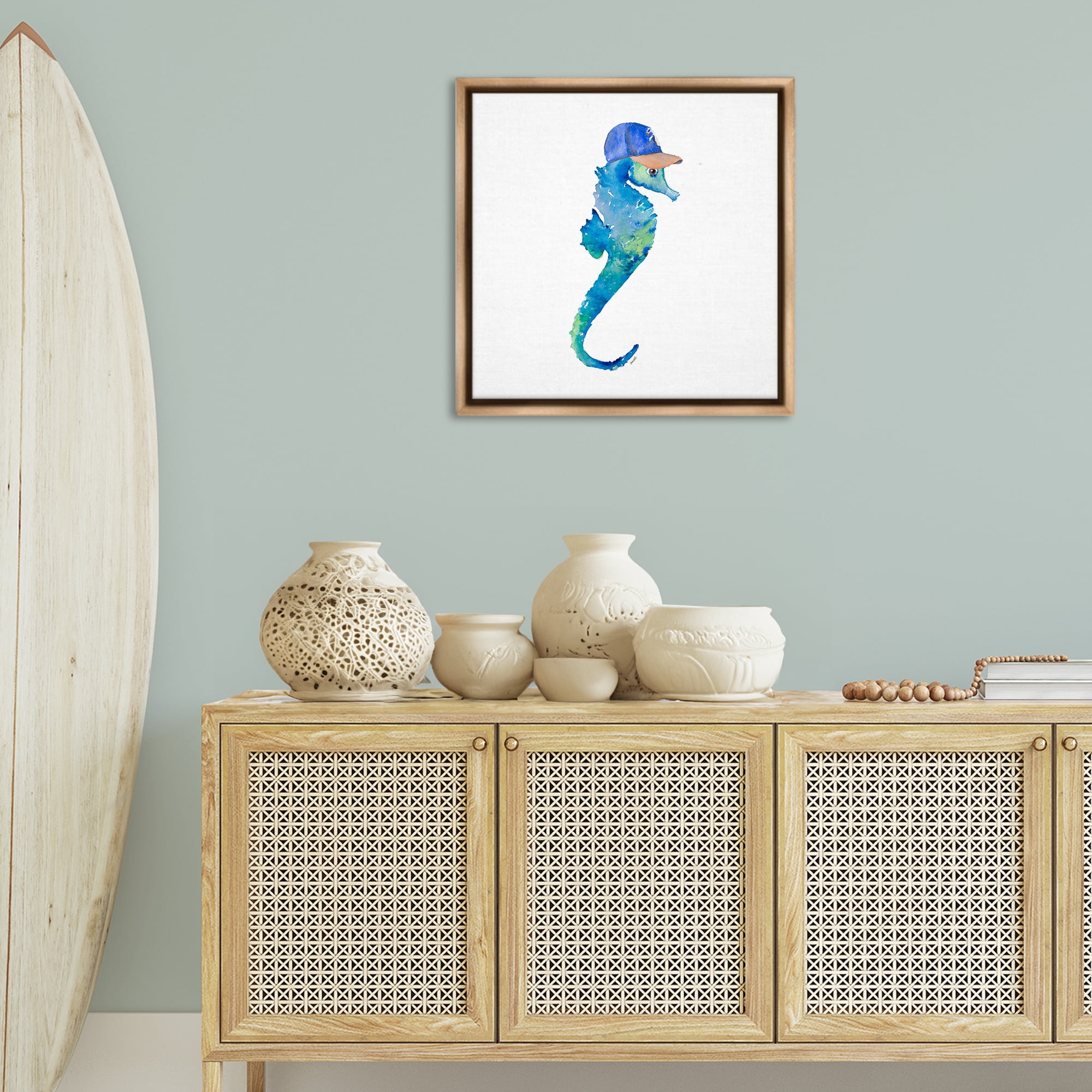 Stupell Industries Blue Seahorse in Hat Novelty Painting Brown Floater Framed Canvas Art Print Wall Art, 25 x 25