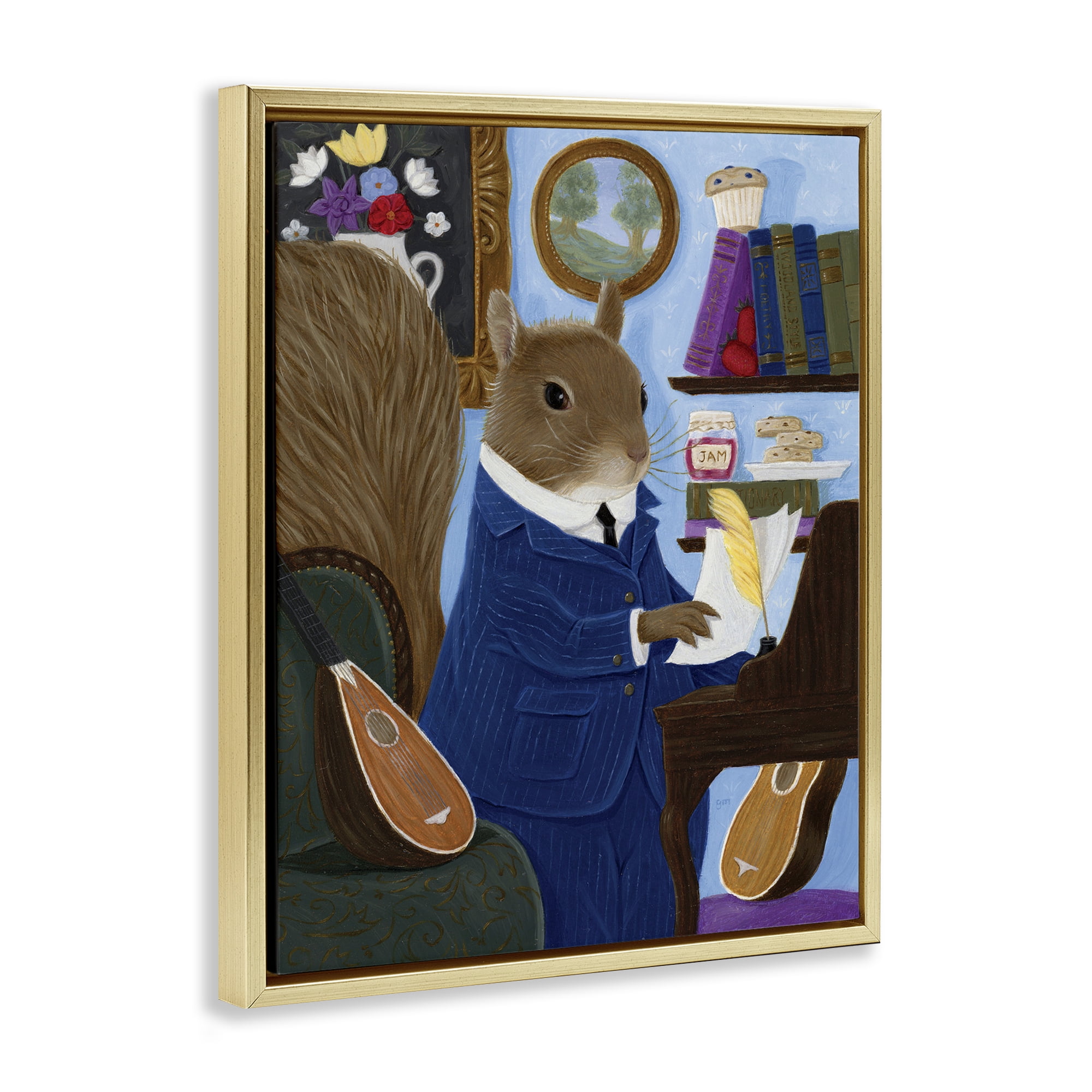 Stupell Industries Gentleman Squirrel Composing Gold Framed Floater Canvas Wall Art, design by Gina Matarazzo