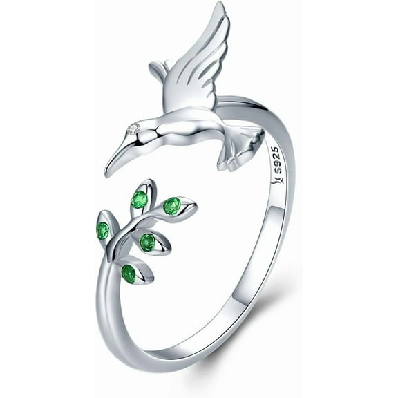 S925 Sterling Silver Hummingbird Open Statement Rings Green Crystal CZ Leaf Adjustable Expandable Eternity Promise Engagement Ring Finger Band Ring Cute Jewelry Gifts for Women