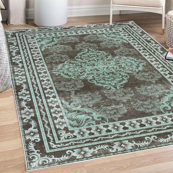 Damask Decorative Rug, Curlicue Design Traditional Flourishes in Retro Themed Flowers Artwork, Quality Carpet for Bedroom Dorm and Living Room, 6 Sizes, Brown and Pale Teal, by Ambesonne