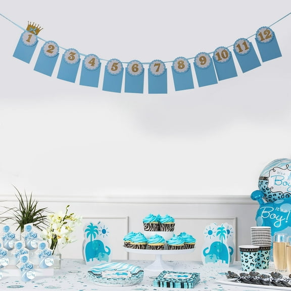 GOOHOCHY Baby 1st Birthday Photo Banner Decoration Hanging Garland for Walls Blue Paper 12 Months