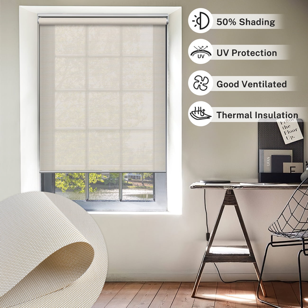 Keego Cordless Roller Shades Light Filtering Blinds for Windows Room Darkening Rolled Up Shades UV Protection Window Shades Door Blinds for Home and Office(Khaki, 46"W x 66"H)