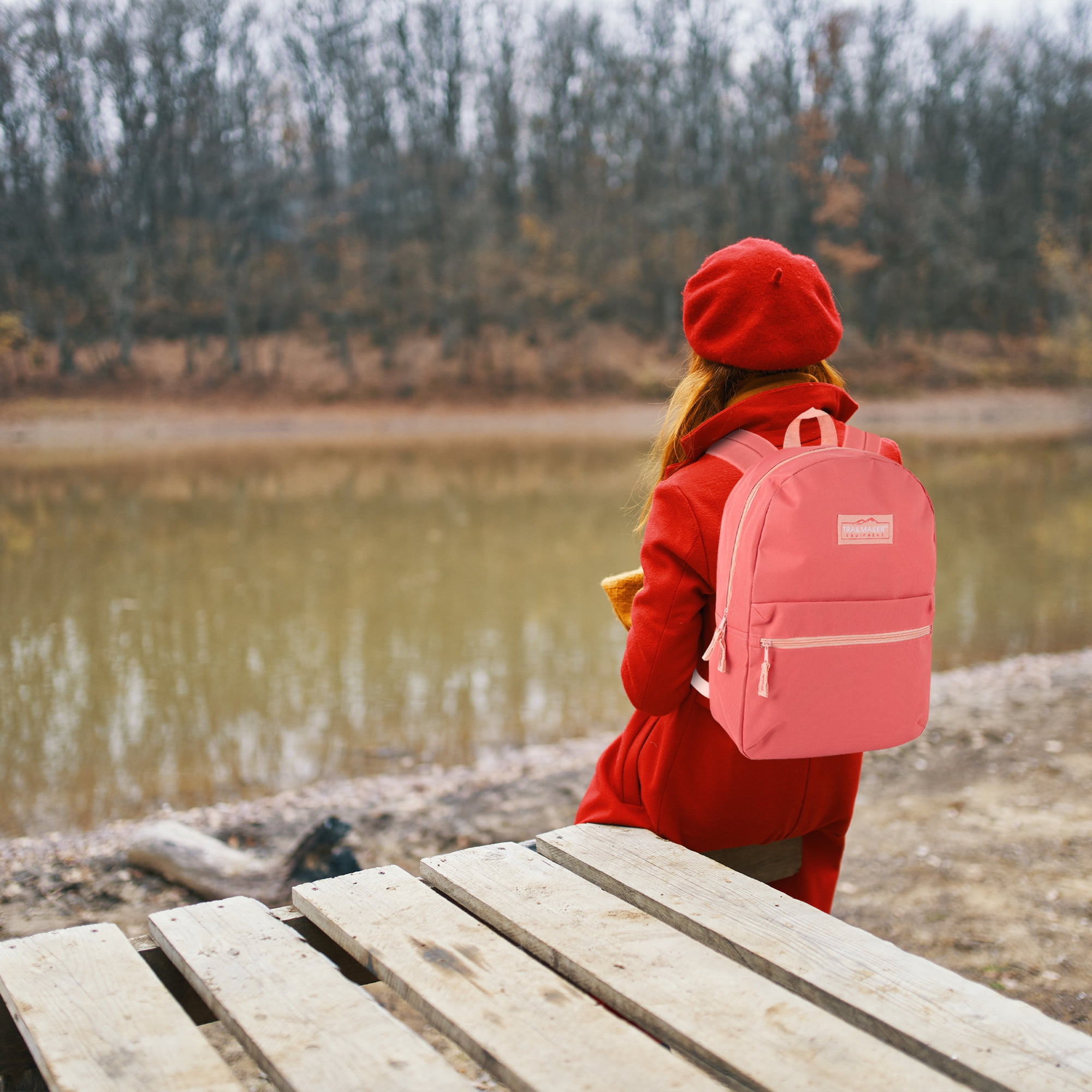 Classic Solid Color 17 Inch Backpack with Front Zipper Accessory Pocket, Dual Zipper Closure & Padded Shoulder Straps for Work, Office, Gym, Sports, Travel, Commute & Recreation in Coral