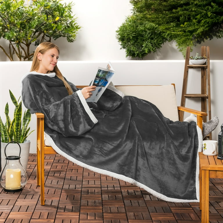 PAVILIA Sherpa Fleece Blanket with Sleeves Women Men Adult Wearable Blanket Warm Soft Plush Thick Hug Sleep Pod Snuggle Pocket Sleeved TV Throw