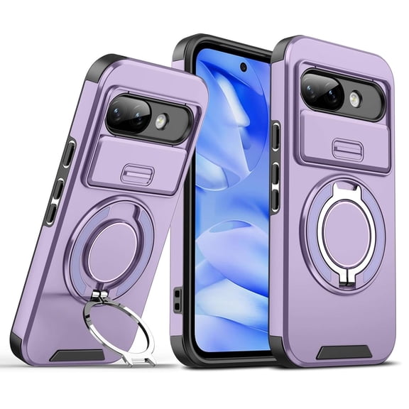 Dteck Magnetic Case for Google Pixel 10A,Shockproof TPU PC Case Built-in with Ring Holder Kickstand Slide Lens Cover for Google Pixel 10A,Purple