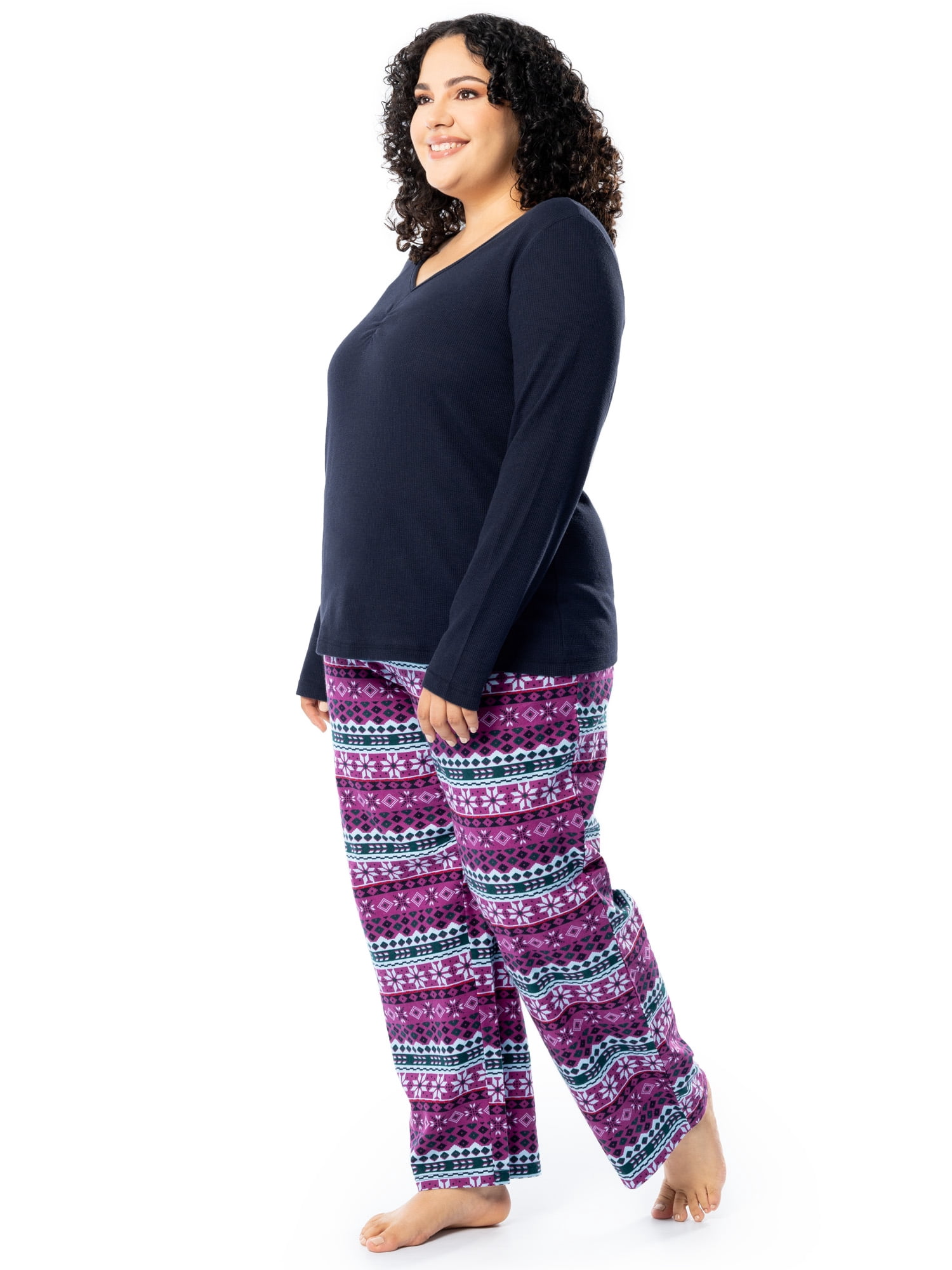 Fruit of the Loom Women's Beyond Soft Long Sleeve Waffle Top and Flannel Bottom Pajama Set, Sizes S-4X