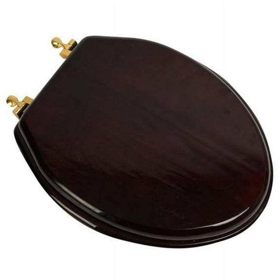 Plumbing Technologies 5F1E2-16BR Designer Solid Elongated Oak Wood Toilet Seat with Polished Brass Hinges, Mahogany