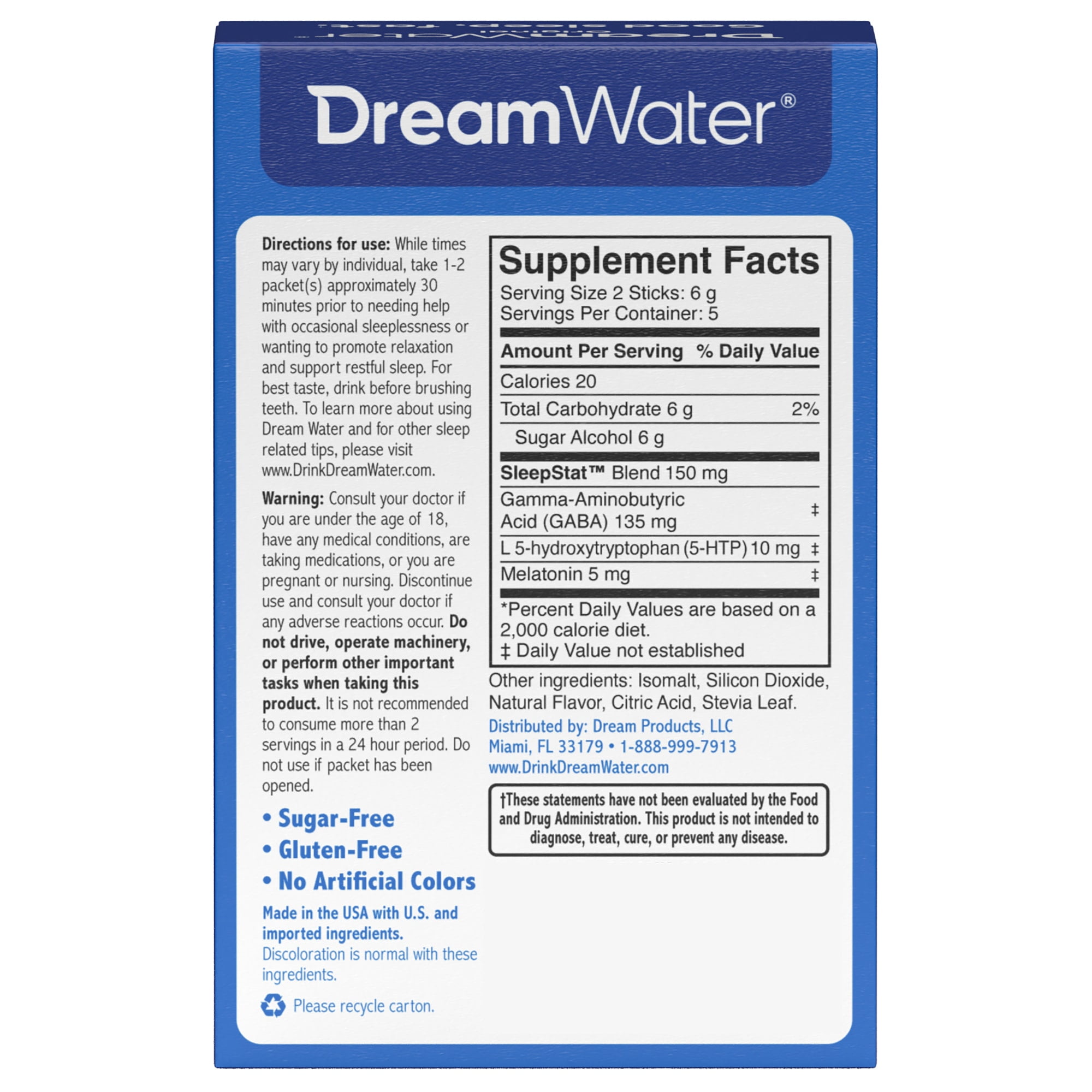 Dream Water Sleep Aid Snoozeberry Powder Packet W/ 5mg Melatonin, GABA, 5-HTP, 10-Count