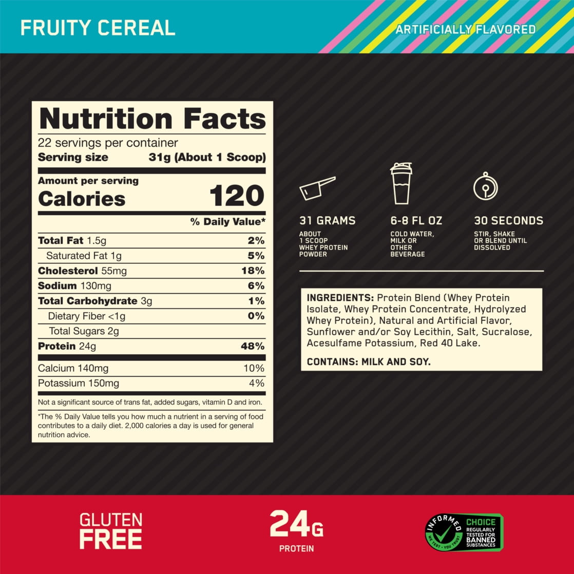 Optimum Nutrition Gold Standard 100% Whey Protein Powder, Fruity Cereal, 1.5 lb Tub, 22 Servings