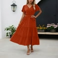 thumbnail image 2 of Women's Casual Summer Dress V Neck Bohemian Flowy Tie Waist Solid Color Short Sleeve Dress For Daily Wear With Jacquard Fabric, 2 of 5