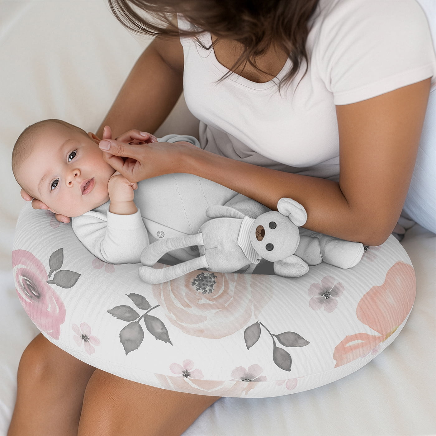 Sweet Jojo Designs Watercolor Floral Pink and Grey Girl Muslin 100% Cotton Nursing Pillow Cover