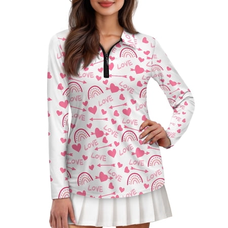 Jiueut Valentine s Day Women s Polo Shirts Featuring Pink Love Hearts Long Sleeve Quarter Zip Golf Shirts for Casual Work and Fishing Size Small