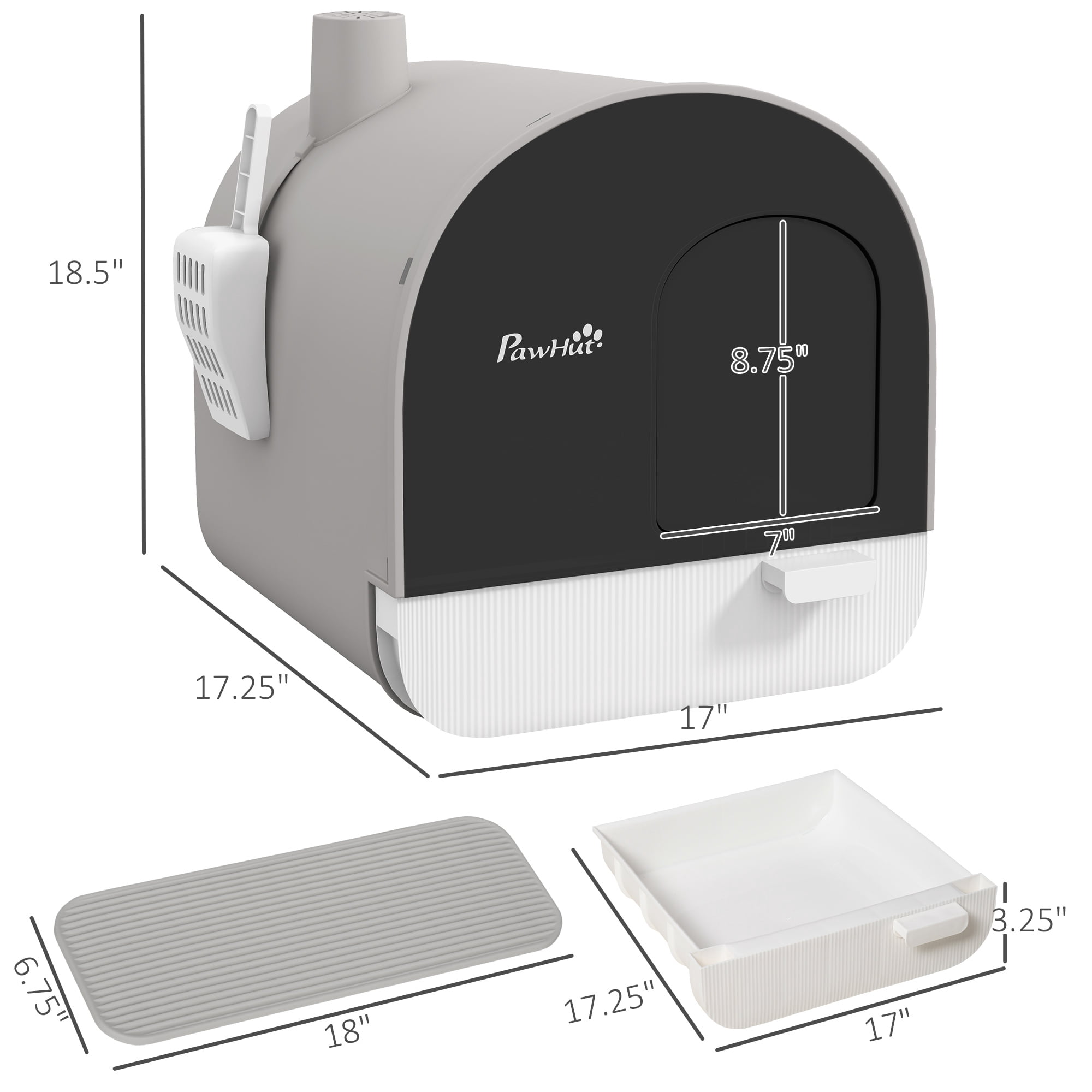Covered Cat Litter Box with Lid, Hooded Enclosed Litter Box with Deodorizing Filter, Scoop and Litter Mat, Removable Tray Easy Clean Indoor Cat Toilet 17" x 17" x 18.5", Light Gray