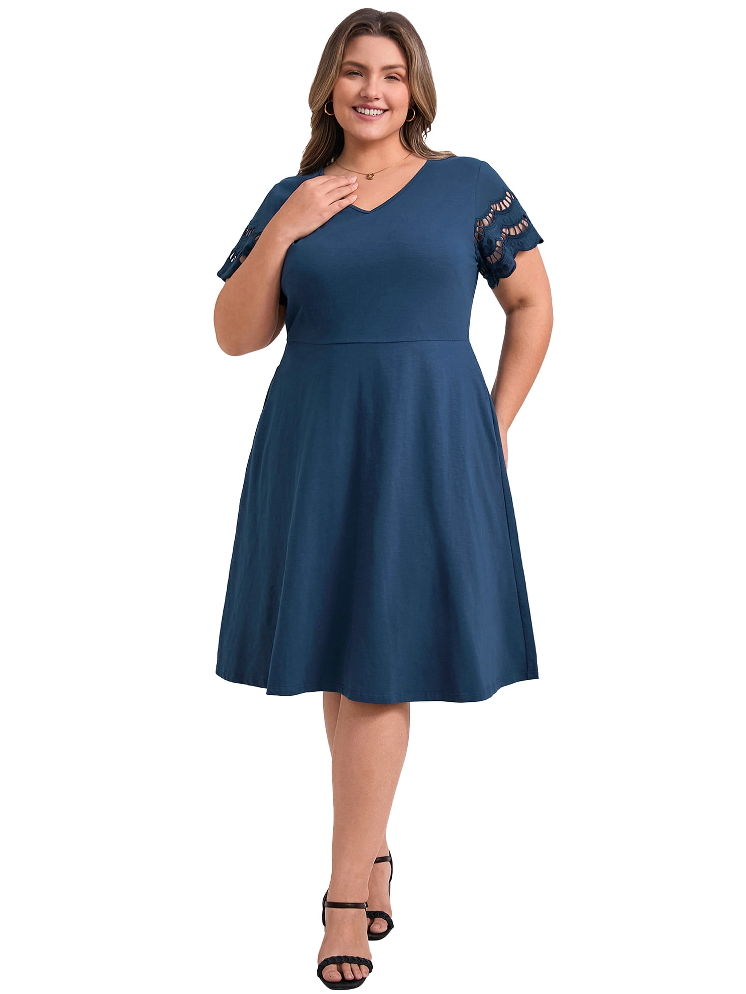 DARING DIVA Plus Size V Neck Hollow Eyelet Details Dress 4X Navy Blue