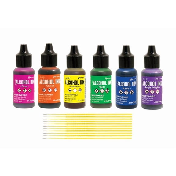 Ranger Tim Holtz Alcohol Inks Bundles - 6 Bottles of Tim Holtz Alcohol Inks with Trebbies Fine Detail Sticks Shades of Rainbow