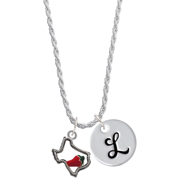 Delight Jewelry Silvertone Texas with Jalapeno - Silvertone Script Initial Disc - L - Charm Necklace, 20"+3".