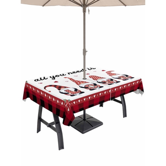 Outdoor Tablecloth with Umbrella Hole and Zipper, Valentine's Day Rectangle Table Cloth 60x120 Inch Waterproof Tablecloth, Love Heart Floral Gnomes Black Red Plaid Picnic Table Cover for Patio