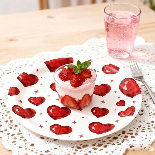 Aqestyerly Valentine'S Day Diamond Heart theme Disposable Tableware Paper Plates Party Supplies 16Pcs