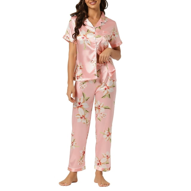 INSPIRE CHIC Ensembles de Pyjama pour Femmes Chemise Boutonnée avec Pantalon Long 2 Pcs Vêtements de Nuit Vêtements de Sommeil 2TG Roses