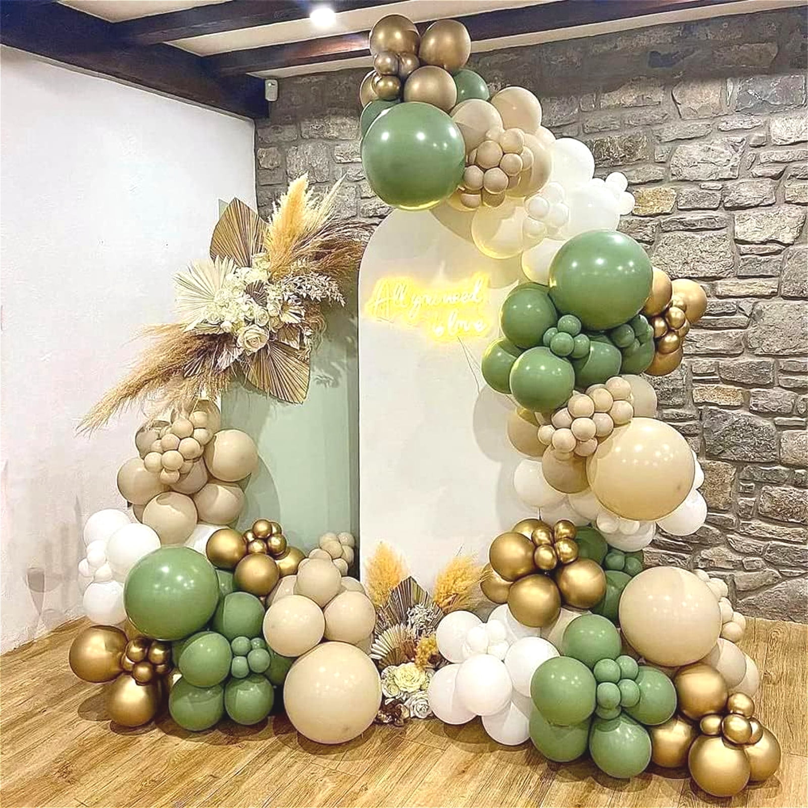 Sage Green White Gold Balloon Garland Arch Kit, 138Pcs Latex Balloons Different Sizes 18 12 10 5 Inch for Birthday Baby Shower Gender Reveal Wedding Party Decoration