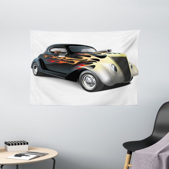 Vintage Tapestry, Retro 40s Fashionable Drag Car with Ombre Flames Print Artwork, Wall Hanging for Bedroom Living Room Dorm Decor, 60W X 40L Inches, Black Silver Red and Orange, by Ambesonne