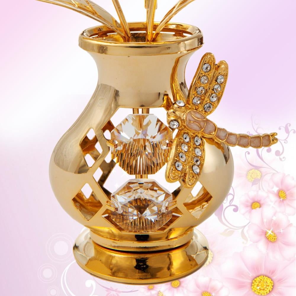 Matashi Home Decorative Tabletop Showpiece 24k Gold Plated Crystal Studded Flower Ornament In A Vase With Decorative Dragonfly Clear Crystals Walmart Com Walmart Com