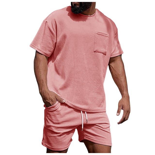 toraway Ensemble Décontracté pour Hommes 2 Pcs Mode Costume d'Été Manches Courtes Shorts en Velours Côtelé Robe Décontractée Col Rond Poche Haut Shorts à Cordon Style Confort S