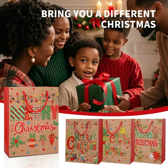 20-piece set of Christmas gift bags, thickened kraft paper bags with handles and Christmas elements, suitable for gift wrapping and party supplies