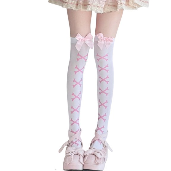 Womens Thigh High Stockings with Bows Accent Heart Skeleton Pattern Cosplay Party Over Knee Long Tube Socks Hosiery