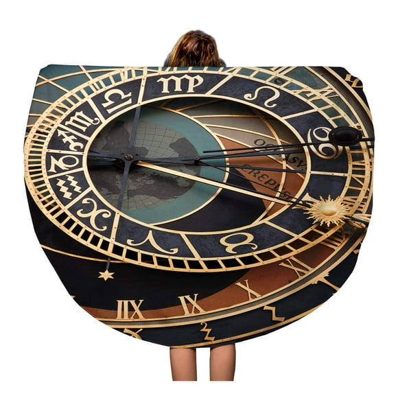 JSDART 60 inch Round Beach Towel Blanket Zodiac Astronomical Clock in Prague Architecture Astronomy Attraction City Travel Circle Circular Towels Mat Tapestry Beach Throw