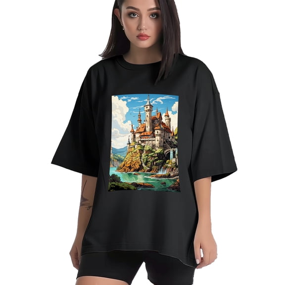 Plus Size Shirt for Women Black Tops for Women Short Sleeves Shirt for Women Castle (62） T Shirt Crewneck Shirt for Women XS