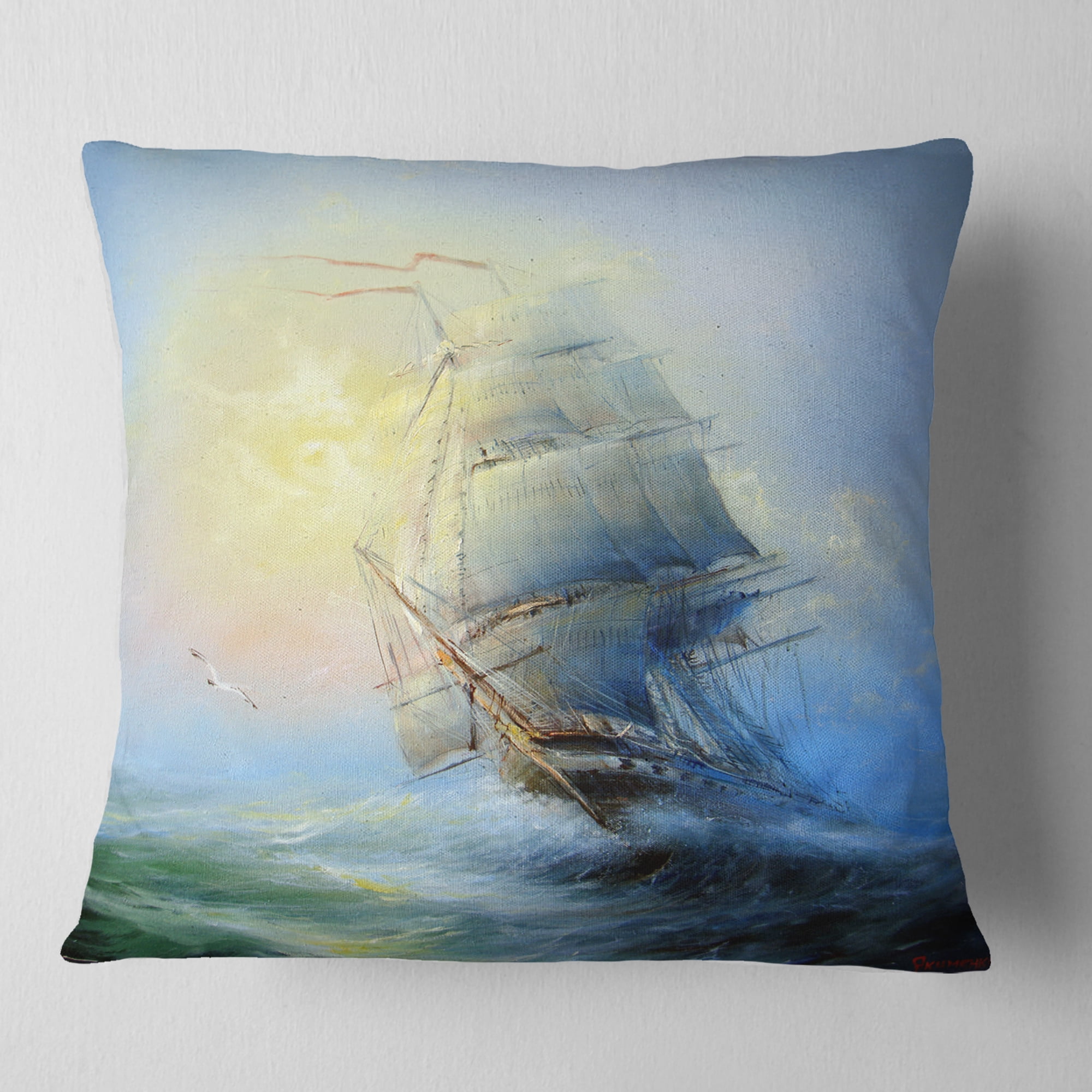Designart Large Sailing Boat - Seascape Throw Pillow - 18x18