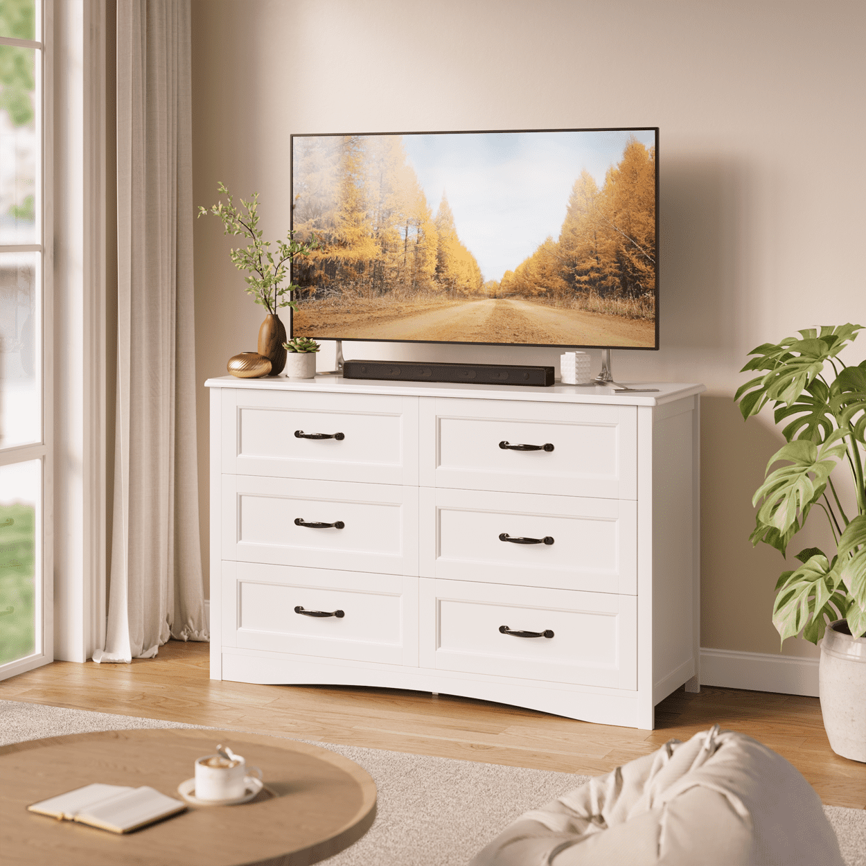 Asofer 6-Drawer White Dresser Cabinet, Sturdy Wood Double Chest for Bedroom